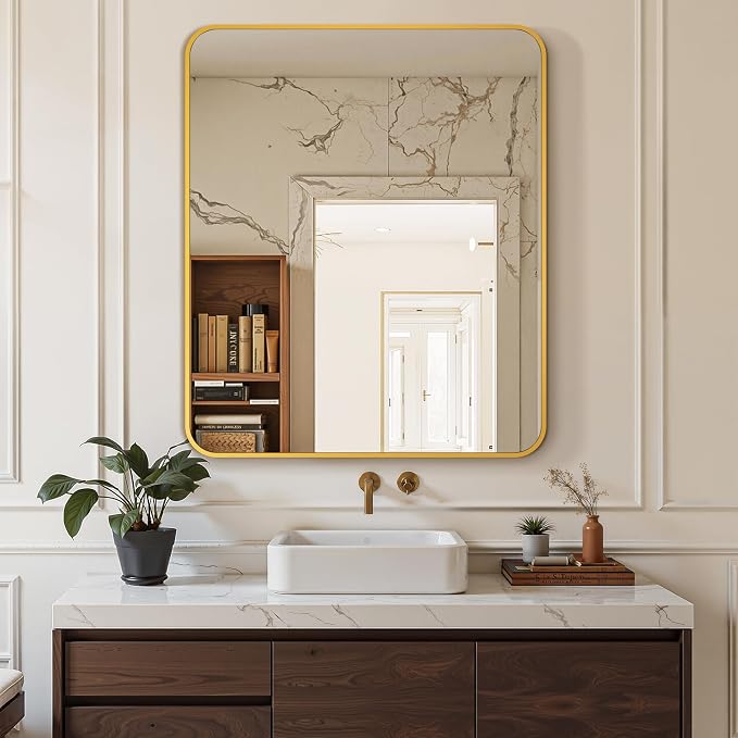 Delma Bathroom Vanity Mirror, Gold Framed Mirror for Over Sink, 36x30 | HD glass, distortion-free for makeup and grooming, Sturdy frame, all mounting hardware, hangs horizontal or vertical