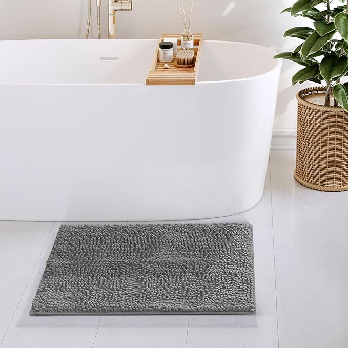 Hearth & Harbor Bathroom Rugs, Chenille Bath Mat - Machine Washable Bath Mats for Bathroom Non-Slip Backing Rubber, Quick Dry Bathroom Mat, 17 x 24 - Frost Grey