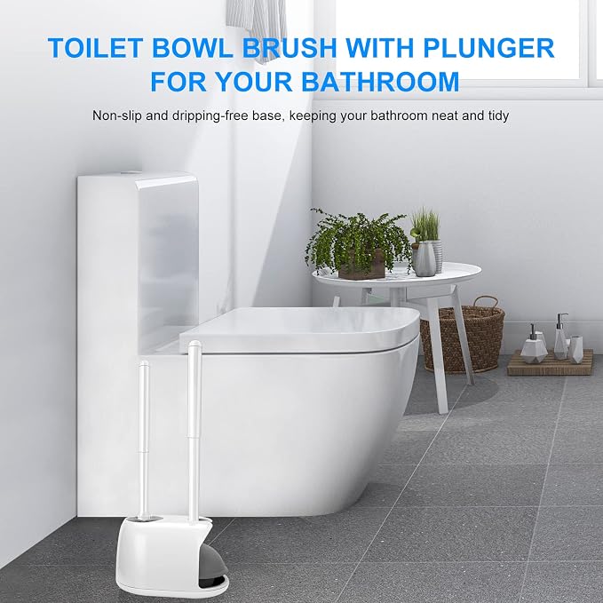 SetSail Toilet Brush and Plunger Set, Semi-Hidden Toilet Plungers, White | Heavy Duty Toilet Bowl Brush and Holder for Bathroom Toilet Plunger and Brush Set for Deeply Cleaning