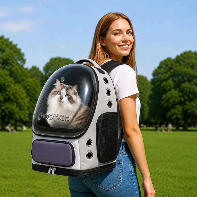 Cat Bubble Backpack Carrier, TSA Airline Approved Pet Travel Bag for Small Medium Dogs, Clear Hiking Camping Backpack for Cats, Kitten and Puppy up to 18 lbs, Gray Bubble