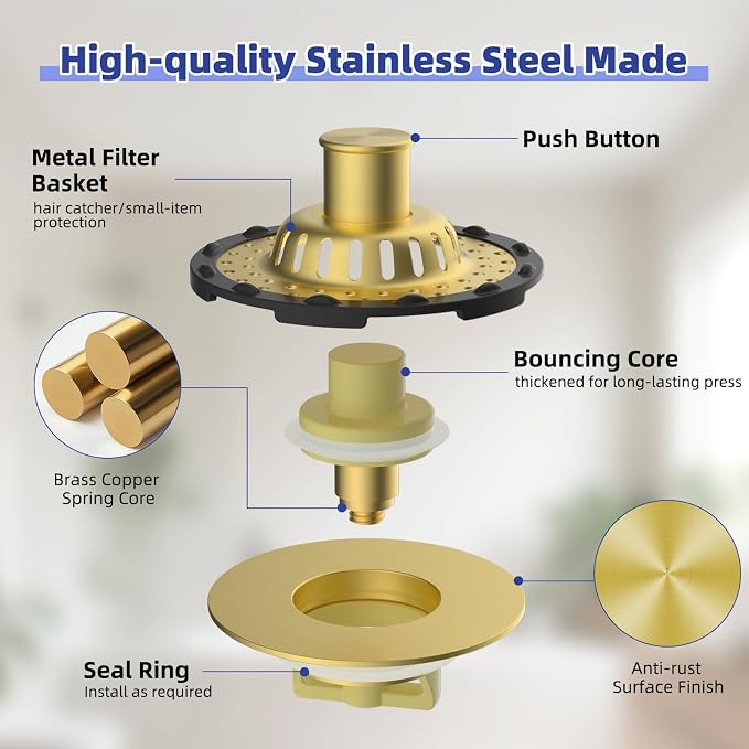 Universal Bathtub Drain Stopper All Metal Top Hair Catcher, Brushed Gold | Shower Drain Tub Stopper with Stainless Steel Visible Filter Basket, Upgraded 3 in 1 Pop-up Drain Plug for 1.5 to 2.4" Hole