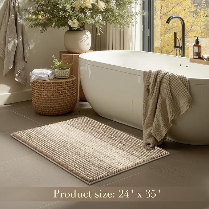 BSICPRO Large Bathroom Rugs, 24x36 Chenille Bath Mats, Tan | Extra Soft Absorbent, Non Slip Striped, Quick Dry Machine Washable, Shower Rug for Bathroom Bedroom Decor