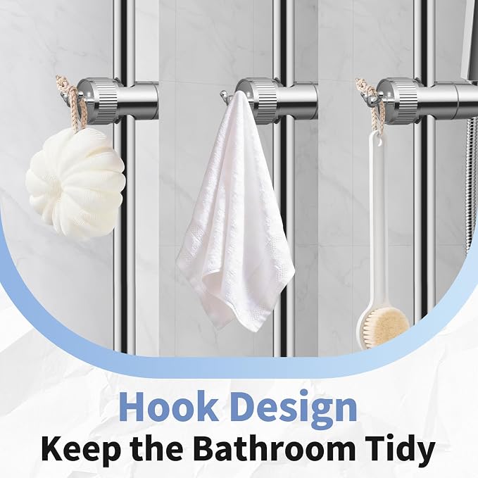OFFO Shower Head Holder, Adjustable Handheld Shower Head Holder with 2 Hooks for 0.79-0.9 in Shower Hose, 360 Degree Rotation Shower Handle Holder for 0.63-1.1 in O.D. Shower Slide Bar, Chrome