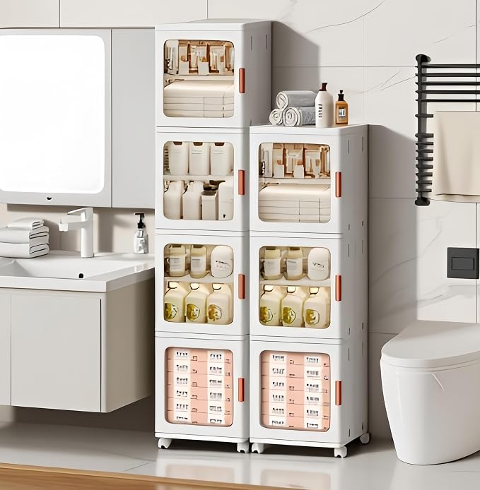 4-Tier Narrow Storage Cabinet Foldable Plastic Bathroom Organizers with Magnetic Doors & Adjustable Shelves, Slim Storage for Small Spaces Pantry Kitchen Laundry Room Quick Assembly, White