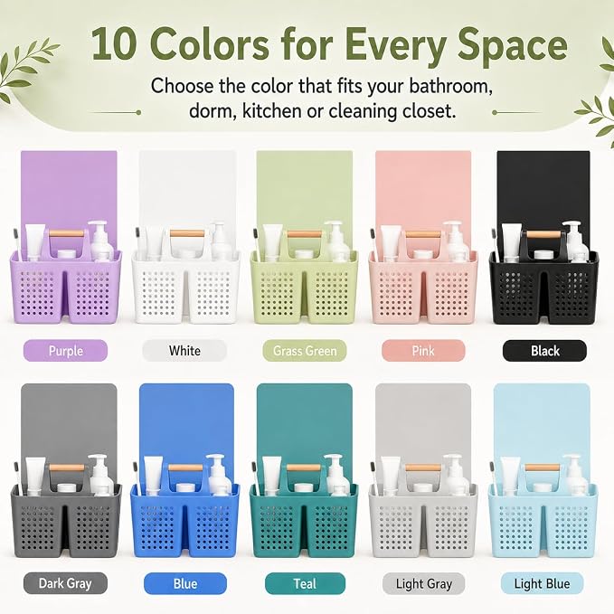 Portable Shower Caddy Basket with Wood Handle, 3-Compartment Bathroom Organizer Tote with Drain Holes, Plastic Shower Basket for Dorm, Toiletries, Cleaning Supplies,Grass Green