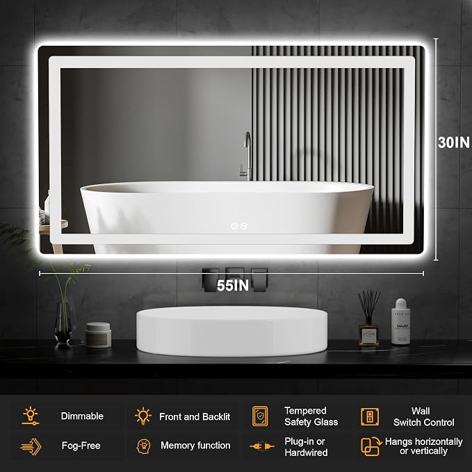 TRAHOME LED Bathroom Vanity Mirror with Lights, 30"x55" Lighted Wall Mirror | Front and Backlit, Anti Fog, Dimmable 3 Color Lighting, Memory Function, Shatterproof Glass, Plug in or Hardwired