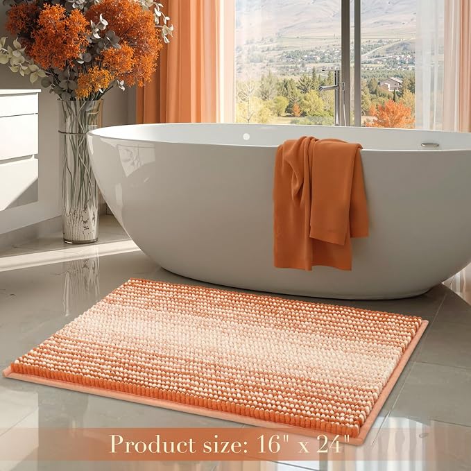 Fall Bathroom Rugs, 17x24 Chenille Bath Mats, Pumpkin Orange | Extra Soft Absorbent, Non Slip Striped, Quick Dry Machine Washable, Shower Rug for Bathroom Bedroom Decor