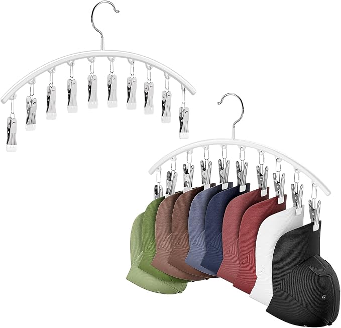 Cuipingoo Hat Hangers for Closet, Metal 2 Pack Hat Organizer Holder for Hanger Closet Display, Hat Racks for Baseball Caps w/10 Clips, Hat Holder for Ball Caps & Accessories, for Men Women, White