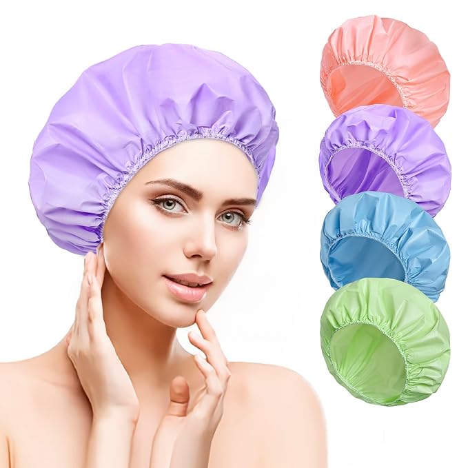 12 PCS Shower Cap, Bath Cap for Women Reusable Waterproof | Double Side Water-resistant PEVA , Bath Accessories, Spa, Travel, Environmental Protection - (Purple+Pink+Blue+Green)
