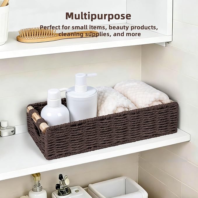 CubesLand Back of Toilet Storage Basket for Organizing w/Cut Out Handle, Handwoven Toilet Tank Top Paper Baskets, Wicker Decorative Basket for Countertop, Home Decor, Living Room, Nursery, Brown