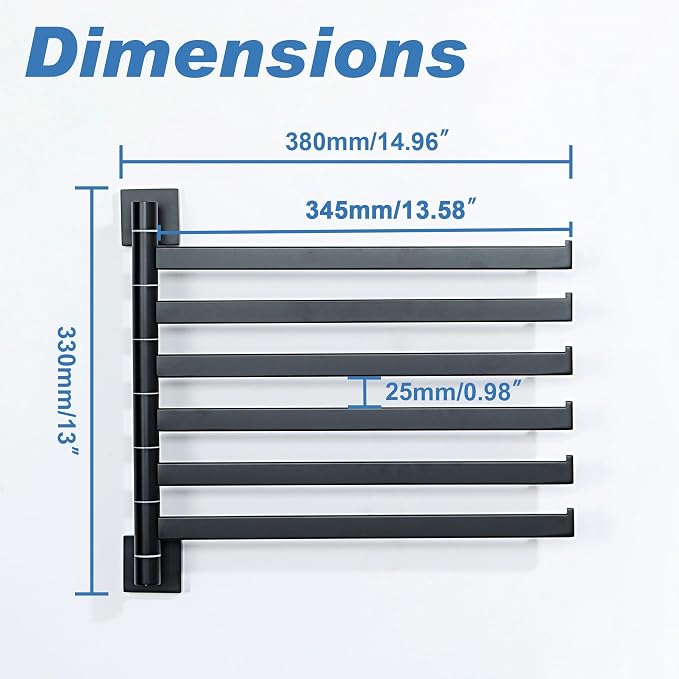 Alise Swivel Towel Rack, 6-Arm Towel Bar, Space Saving Towel Rack Wall Mount Drying Towel Holder, Swing Out Towel Holder for Bathroom Kitchen Toilet, Square SUS304 Stainless Steel, Matte Black