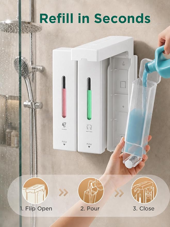 Shampoo and Conditioner Dispenser Wall Mounted, 3-Chamber Shower Soap Dispenser for Bathroom, 1200ML Large Capacity, No-Drill Installation, Clog-Free Pump for Thick Liquids (white-3-pack)