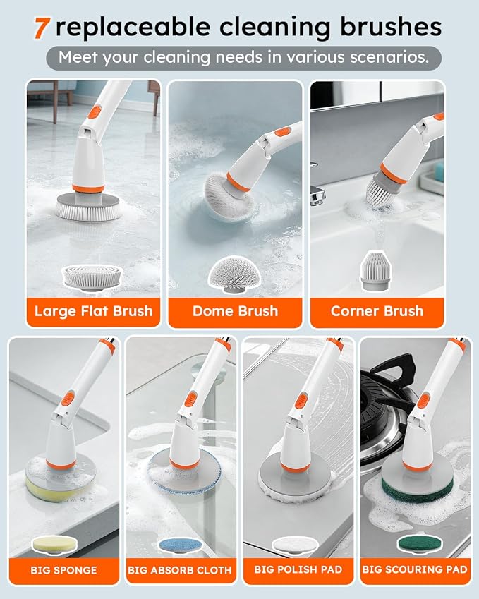 Electric Spin Scrubber,1500RPM Powerful Cleaning Brush for Home | Powerful 1500 RPM cleaning; 4000 mAh rechargeable battery; seven replaceable brushes for bathtub, tile, floor & shower