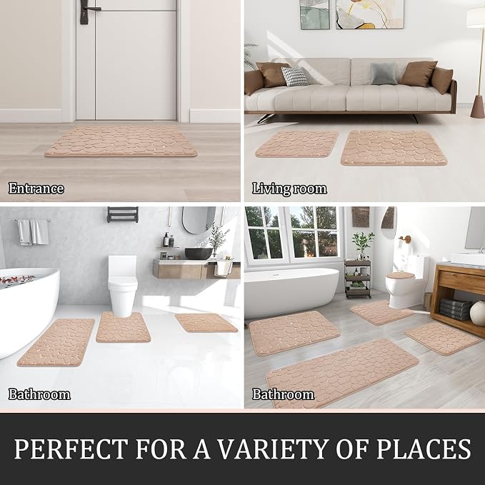 YIHOUSE Bathroom Rugs Mat Set, Memory Foam Bath Mat 2 Piece Khaki | 17x24&20x46, Non Slip, Water Absorbent, Washable, Bath Mat For Bathroom, Sink and Toilet