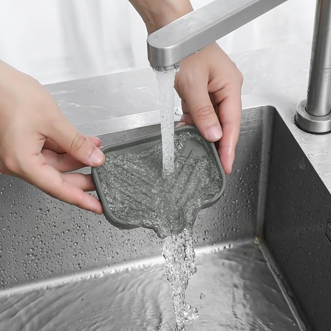 MicoYang Silicone Soap Dish with Drain Spout, Self-Draining Sink Organizer Tray for Bathroom and Kitchen, Sponges, Dispensers and Soap Holder, Non-Slip and Dishwasher Safe, Grey (Compact, 4.9"×3.2")