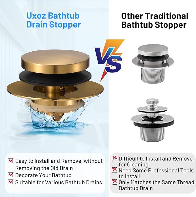 Bathtub Drain Stopper, Uxoz Universal Tub Stopper for Replacing Tip Toe/Trip Lever/Lift&Turn Tub Drain, Bath Tub Drain Stoppers Desiged for 1.5" to1.72 Drain Hole with 3 O-Rings, Black Gold