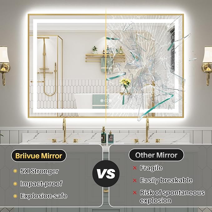 24x36 Inch LED Bathroom Mirror with Gold Frame, Backlit & Front Lit | Anti-fog, 3 Color Dimmable, Memory Function, HD Reflection Tempered Glass, ETL Listed, IP54 Waterproof