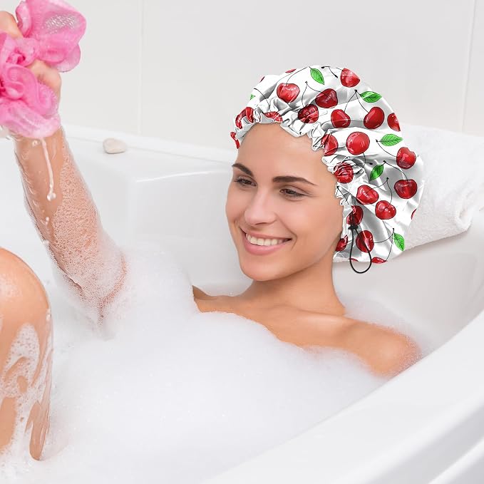 2 PCS Shower Cap Waterproof Double Layer Elastic Adjustable Reusable Hair Bath Caps for Girls Women Cute Aesthetic-Pink White