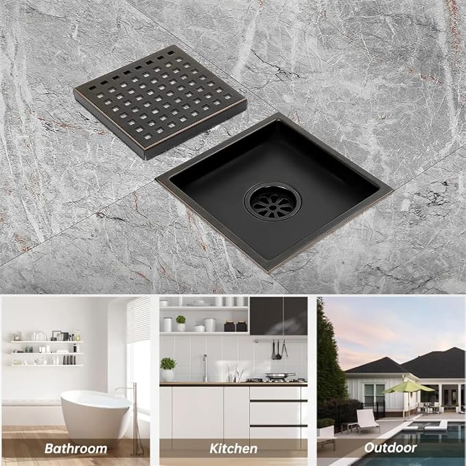 ELLO&ALLO 6 Inch Square Shower Floor Drain with Flange,Removable Quadrato Pattern Grate, SUS 304 Stainless Steel in Oil Rubbed Bronze