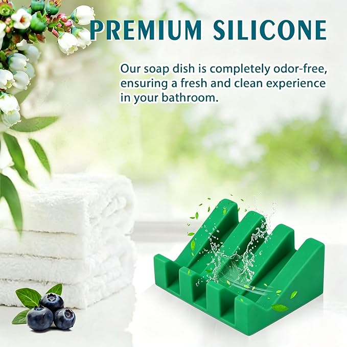 Silicone Soap Dish Self Draining with Suction Cups (Green,1 Pack) | Waterfall drainage design drains fast to keep soap dry silicone soap saver with reusable suction cups for bathroom & kitchen