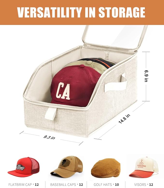 Livelab Hat Organizer for Baseball Caps, Hat Storage Box, Beige | 1Pcs | Clear Window, Space Saving and Easy to Store
