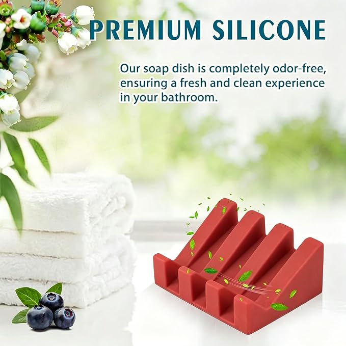 Silicone Soap Dish Self Draining with Suction Cups (Red,1 Pack) | Waterfall drainage design drains fast to keep soap dry silicone soap saver with reusable suction cups for bathroom & kitchen