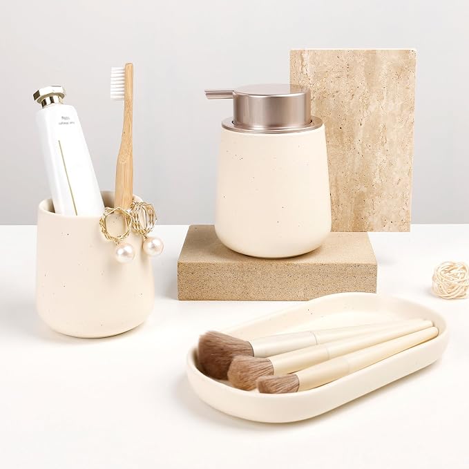 BosilunLife Ceramic Bathroom Accessories Set 3 Pcs | Foaming Soap Dispenser and Toothbrush Holder with Tray, Modern Farmhouse Vanity Decor, Apricot Housewarming Gift