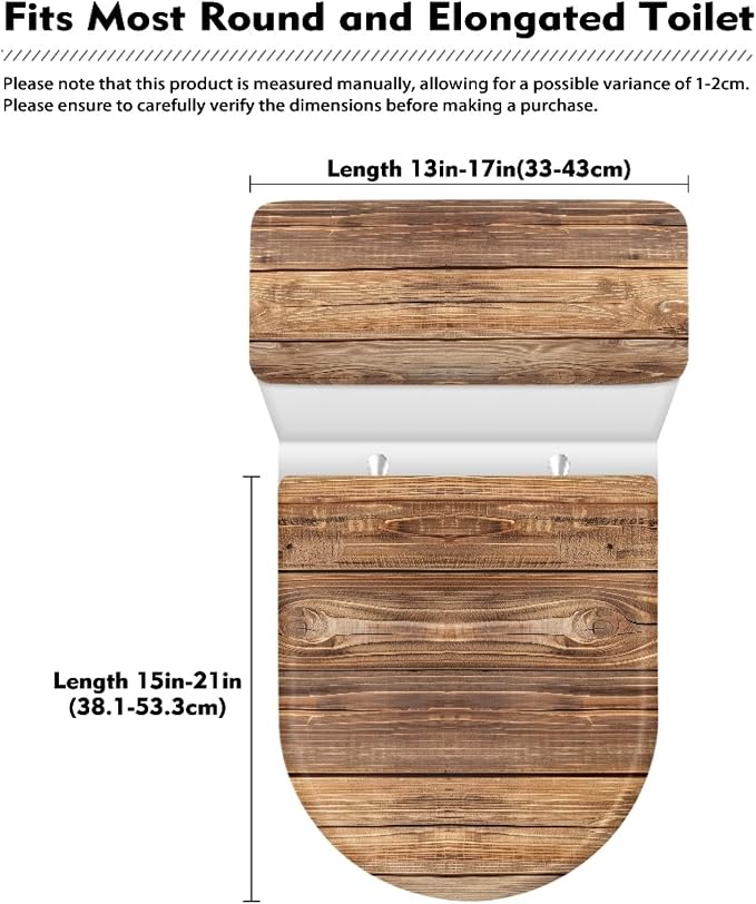 Brown Wood Print Toilet Lid Cover Set of 2 Pack,3D Wood Print Toilet Seat Lid Covers Washable Replacement Bathroom Elongated Round Oval