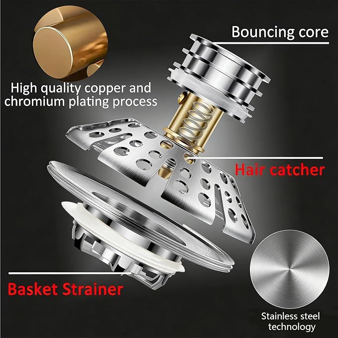 AzWzz Bathtub Drain Stopper,Pop Up Tub Stopper Plug with Hair Catcher Cover | All-metal, Universal for 1.45 in to 1.8 in Tub Drain, Brushed Nickel