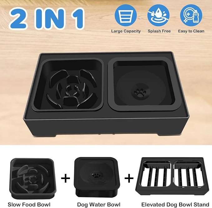 2-in-1 Elevated Dog Bowls, No Spill Water Bowl, Slow Feeder Food Bowl | 4 Adjustable Heights, Food and Water Bowl Set, Non-Skid, Raised Pet Bowl Stand for Medium Large Dogs, Slow Eating, Easy Setup