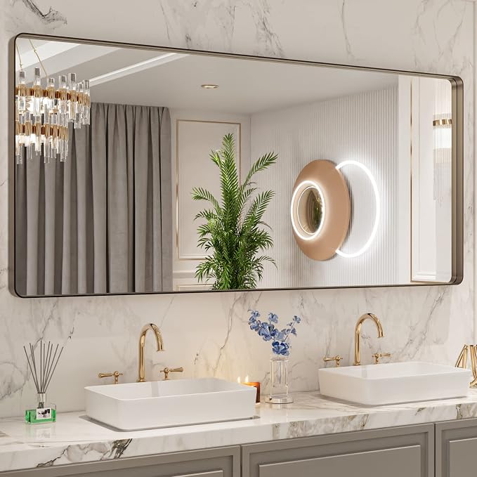 LOAAO 72"X32" Bronze Bathroom Mirror | Rounded Rectangle, Brushed Bronze Metal Frame, Anti-Rust, Tempered Glass, Hangs Horizontally or Vertically