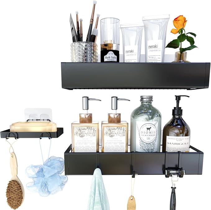 Shower Caddy Wall Mounted Stainless Steel Basket Shelf Shampoo Holder, Adhesive Shower Shelf Basket Rack Organizer, No Drilling Bathroom Shelf with Hooks, Kitchen Spice Holder-2 Pack