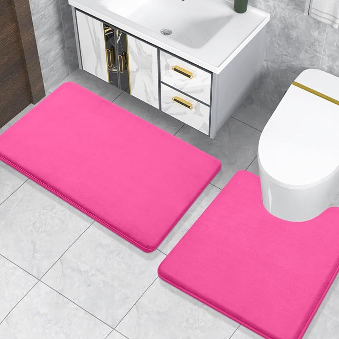Smiry Memory Foam Toilet Rugs 24x20, Extra Soft Absorbent Bathroom Rugs | Deep Pink, Quick Dry Machine Washable Non-Slip Contour Bath Mat for Toilet