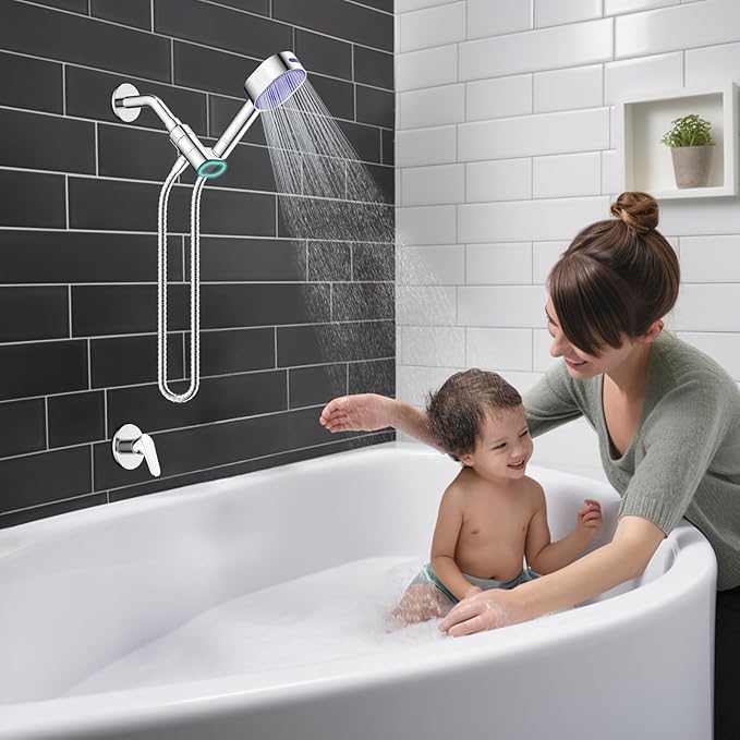 Hibbent Upgraded Metal Shower Head Holder with LED Display Shower Thermometer, Adjustable Shower Arm Mount for Handheld Shower Head, Universal Shower Head Bracket, Solid Brass Pivot Ball, Chrome
