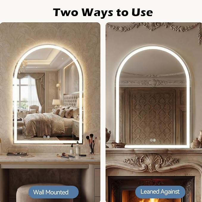 DUMOS 20"x28" LED Bathroom Mirror with Lights, Arched Vanity Mirror | Anti-Fog, Dimmable, 3-Color Light, Memory Function, Front Light and Backlit, Tempered Glass