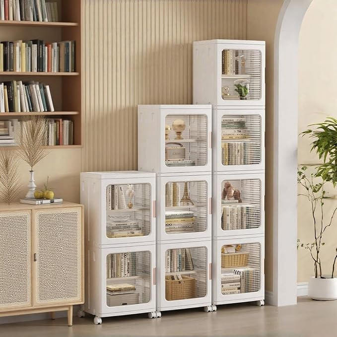 3-Tier Slim Bathroom Storage Cabinet with Doors and Movable Wheels Plastic Organizers and Storage Cabinets Small Spaces for Bathroom Pantry Kitchen Laundry Room Quick Assembly White