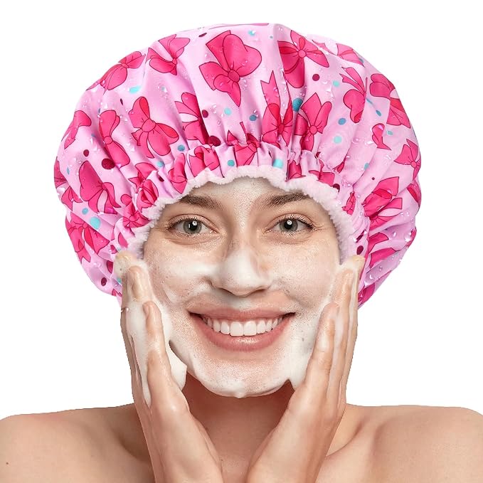 Aileam Pink Bow Shower Cap for Women, Terry Lined Bath Cap Large Reusable Waterproof Shower Hair Cap for Long Thick Hair