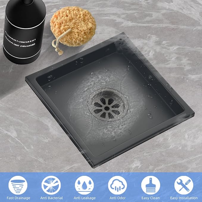 6-Inch Square Shower Drain, Matte Black Floor Drain with Flange, 304 Stainless Steel Bathroom 2-in-1 Tile Drain