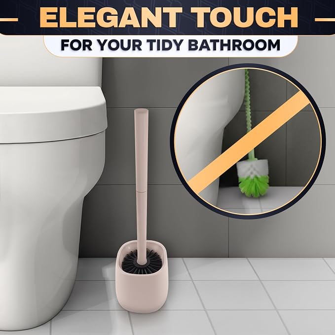 Silicone Toilet Brush and Holder Set - Cream RV Toilet Brush with Holder, Flexible Head, Soft Bristles, Detachable Handle and Freestanding Base, Compact Bathroom Cleaning Tool with Minimalistic Design