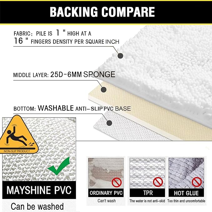 BOANKODU White Bathroom Rugs Sets 2 Piece, Soft Chenille Bath Mat Absorbent Bathroom Rug, Bathroom Mat with PVC Non-Slip Bottom, Machine Washable Bath Rugs (32x20 Inch + 24x16 Inch, White)
