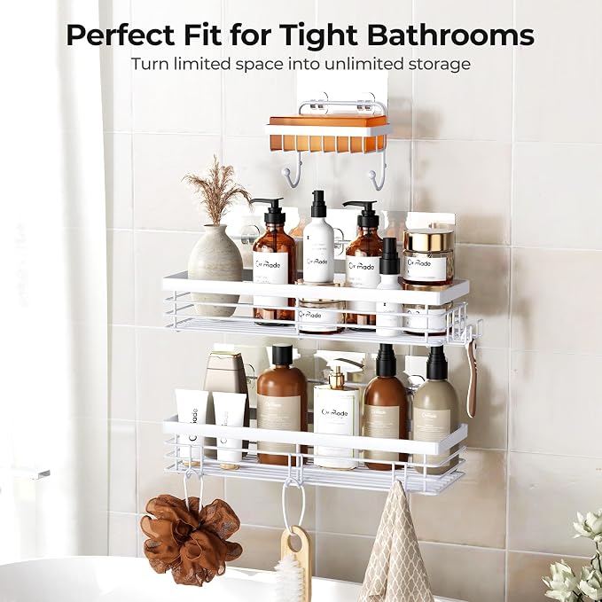 Orimade Adhesive Shower Caddy Soap Dish Holder Shelf with 5 Hooks Bathroom Organizer Basket Kitchen Storage Rack Wall Mounted No Drilling Stainless Steel - 3 Pack, White