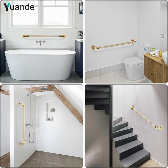32 Inch Brushed Gold Shower Grab Bar with Anti-Slip Knurled Grip,YuanDe Stainless Steel Bathroom Grab Bars,Shower Handrail Support, Handicap Elderly Balance Assist Handles