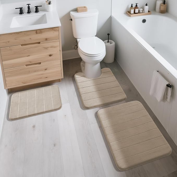 Yimobra Memory Foam Bath Mat, Super Soft Absorbent Bathroom Rug Non Slip 31.5x20 Inch, Quick Dry, Machine Washable Floor Carpet for Tub Shower, Home Decor Accessories, Beige