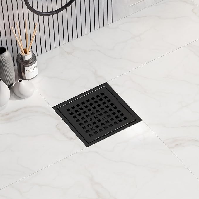 6 Inch Square Black Shower Drain with Flange, Modern Floor Drain with Quadrato Pattern Grate Removable,SUS 304 Stainless Steel