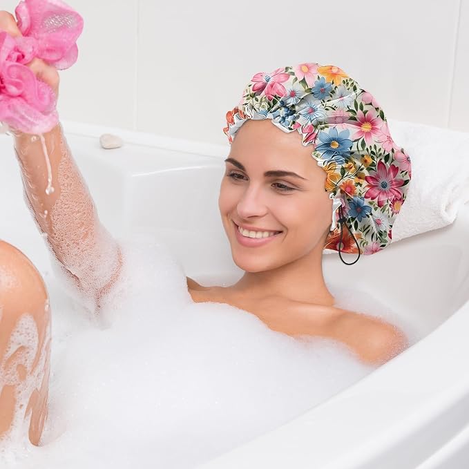2 PCS Shower Cap Waterproof Double Layer Elastic Adjustable Reusable Hair Bath Caps for Girls Women Cute Aesthetic-Floral 1