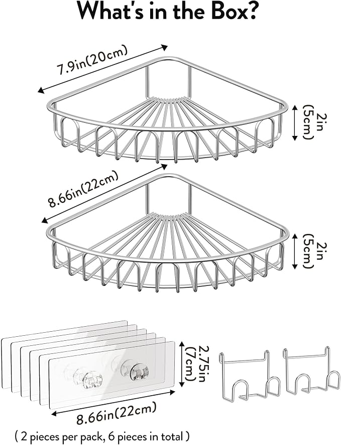 Orimade Corner Shower Caddy Stainless Steel with Hooks Wall Mounted Bathroom Shelf Storage Organizer Adhesive No Drilling 2 Pack, Silver Only for 90-Degree Corner