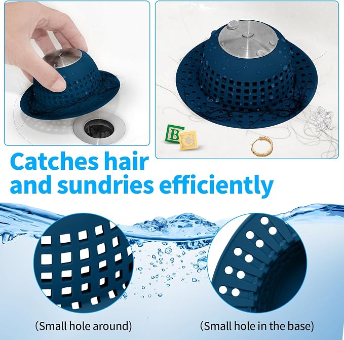 Aluvor Shower Drain Hair Catcher Bathtub Drain Cover Sink Drain Protector | Bathroom Sink & Bathtub Drain Strainer for Pop-Up & Regular Drains, Silver Navy Blue