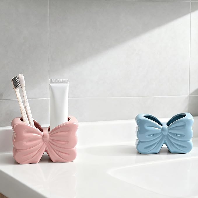Bow Toothbrush Holder, 2-Slot Toothbrush and Toothpaste Holder Cute Toothbrush Holder Set, Bathroom Counter Organizer for Bathrooms, Floss, Razors - Blue