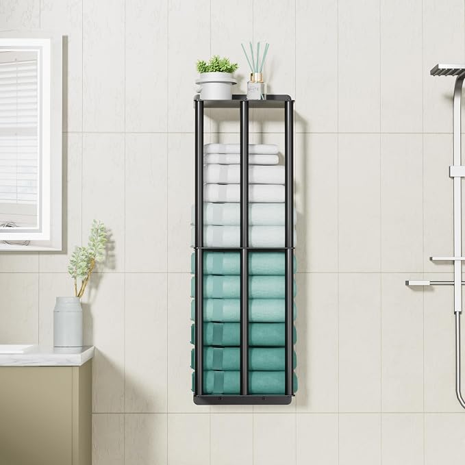 susswiff Towel Racks for Bathroom: 26 Inch Wall Mounted Towel Holder, Upgrade 2-Tier Towel Rack with 3-Vertical-Bars and 3-Steel-Shelves, for Modern Decor Bathroom Towel Storage (Matte Black)