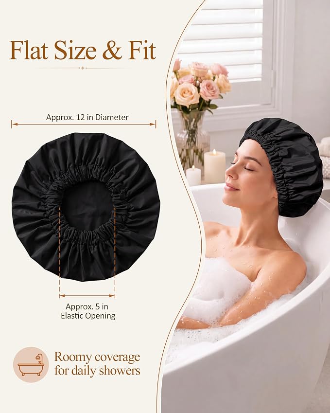 Edoneery Shower Caps for Women Reusable Waterproof, Shower Hair Cap | Washable Bonnet, Wide Elastic Band, Large Fit, Holds Long Hair, Braids Friendly, Bath Accessories, Spa, Travel